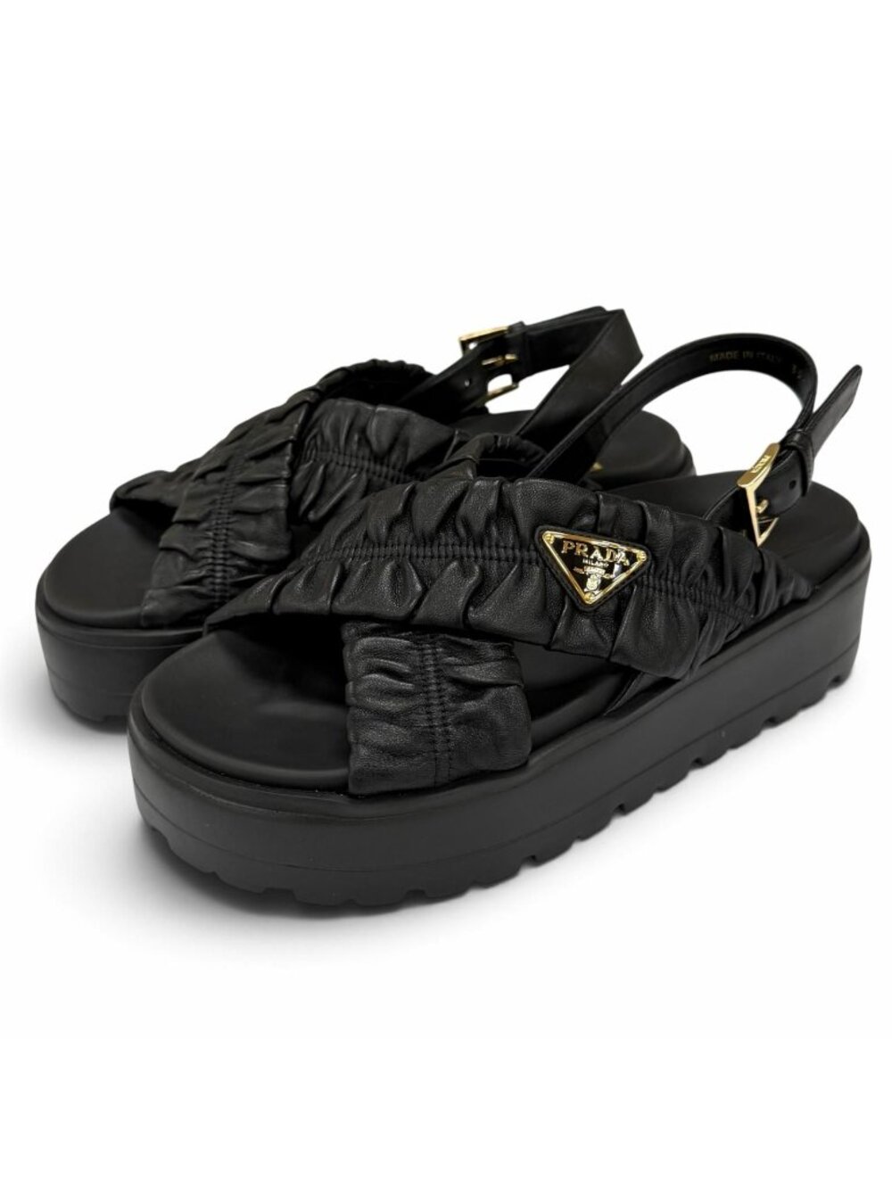 Prada Matelasse Leather Flatform Sandals Triangle Logo Black